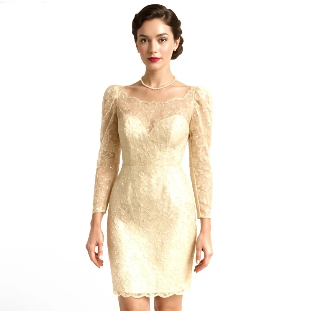 Vintage Jim Hjelm “A Private Collection” NY Beaded Lace Dress 1980 Couture Ivory - Picture 1 of 12